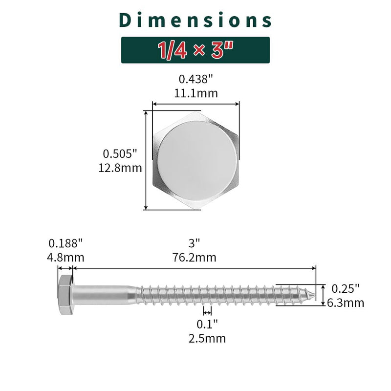 1/4 x 3 Hex Head Lag Screws Bolts with Flat Washers (10 Sets), 304 Stainless Steel 18/8, Partial Thread, Deck Screws, Heavy Duty Hex Head Wood Lag Screws, Fayeploo 1/4 x 3"