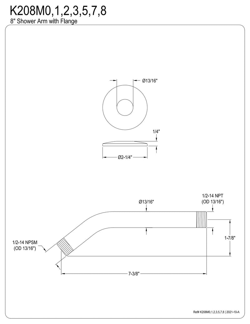 Kingston Brass K208M7 8-Inch Shower Arm with Round Flange in Brushed Brass 13/16 inches