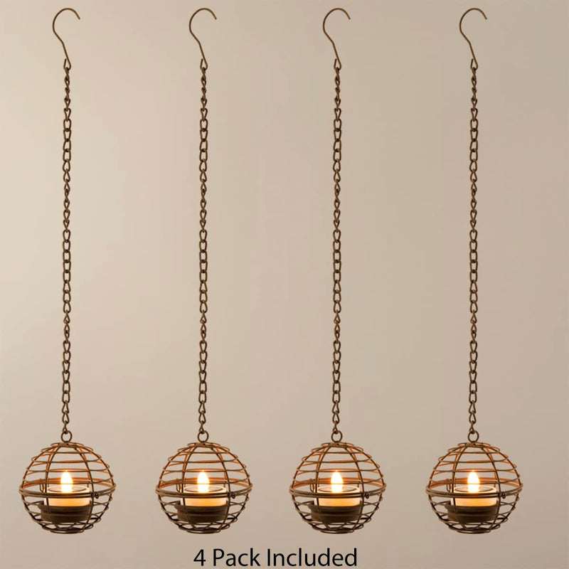 Solar Hanging Lanterns Outdoor Waterproof, Rust Iron Ball Candle Holder with Flickering Solar Powered Tea Lights, Perfect Chargeable Solar Lights for Backyard Patio Garden Fence Tree Decoration-4Pack 4PK Hanging Lights