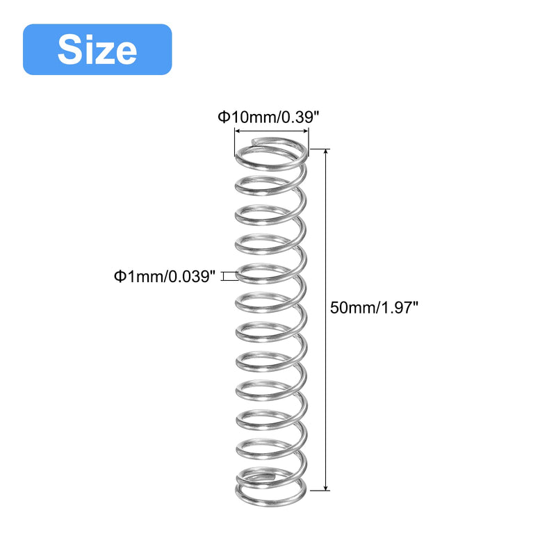 uxcell Compression Spring, 5Pcs 304 Stainless Steel, 10mm OD, 1mm Wire Size, 50mm Free Length, Silver Tone 10x1x50mm