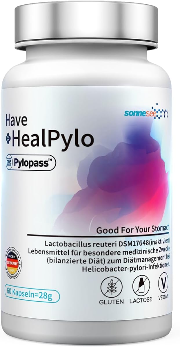 Pylopass Lactobacillus Reuteri Antipylori 120 Capsules 400 Mg Per Day For Heartburn, Bad Breath Breaking Stimulation Acid Reflux, Stomach Discomfort Due To Helicobacter Pylori With Vitamin C, B12,