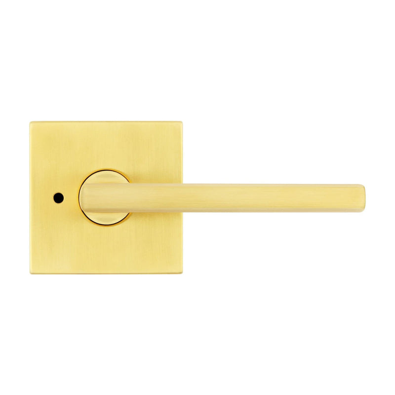 Kwikset Halifax Interior Privacy Door Handle with Lock, Door Lever For Bathroom and Bedroom, Satin Brass Reversible Keyless Push Button Lock Door Lever, with Microban Protection, Square Rose