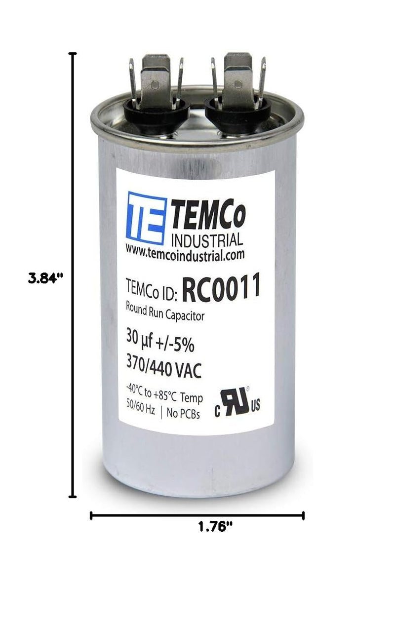 TEMCo 30 uf/MFD 370 VAC Volts Round Run Capacitor 50/60 Hz AC Electric - Lot -1 (Optional uf/MFD, Voltage and Lot Quantities Available) 30 uf (1 Pack)