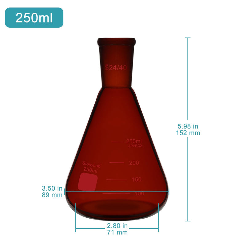 stonylab Amber Erlenmeyer Flask with 24/40 Standard Taper Outer Joint, Borosilicate Glass Heavy Wall Flask in 250 ml Capacity, Ideal for Mixing, Heating, and Lab Experiments