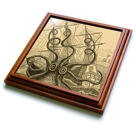 3dRose Gigantic Colossal Octopus Sea Monster Kraken Pierre Denys De Montfort Trivet with Ceramic Tile, 8 by 8", Brown