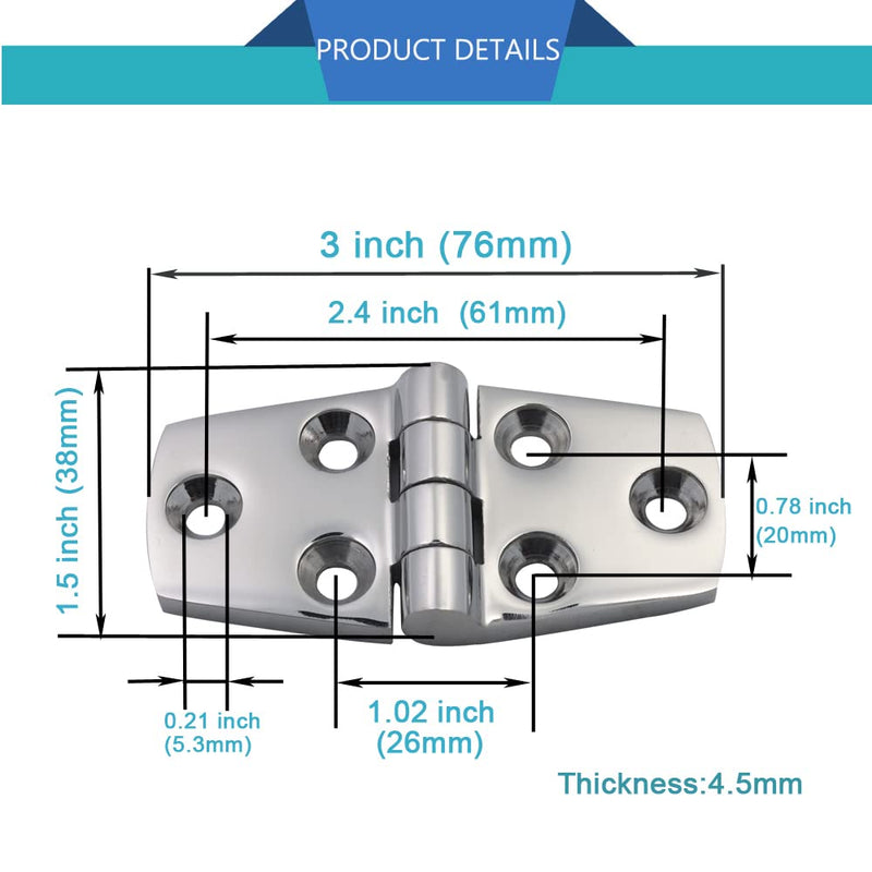 Marine Boat Hinges 316 Stainless Steel Door Hinge Heavy Duty Deck Cabinet Hinges of 4 Pcs (3x1.5 inch) 3x1.5 inch