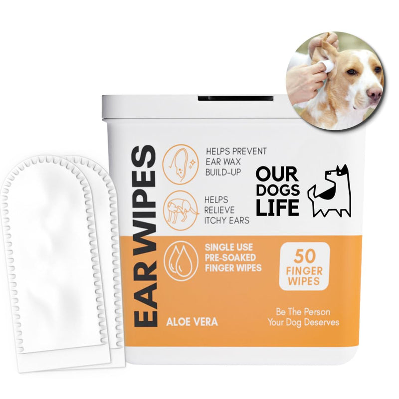 Dog Ear Wipes for Dogs | Ear Cleaning Wipes | Remove Wax, Dirt & Odor | Soothe Itchy Smelly Ears | 50 Soothing Aloe Vera Dog Ear Cleaner Finger Wipes