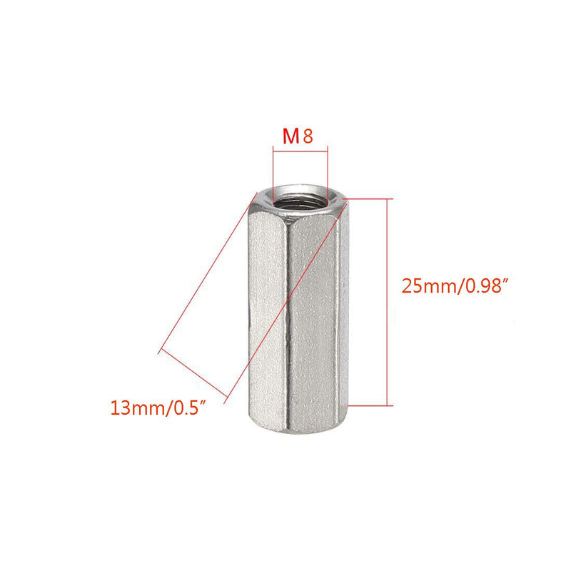 2PCS M8 X 1.25-Pitch 25mm Length 304 Stainless Steel Metric Hex Coupling Nut M8x25mm