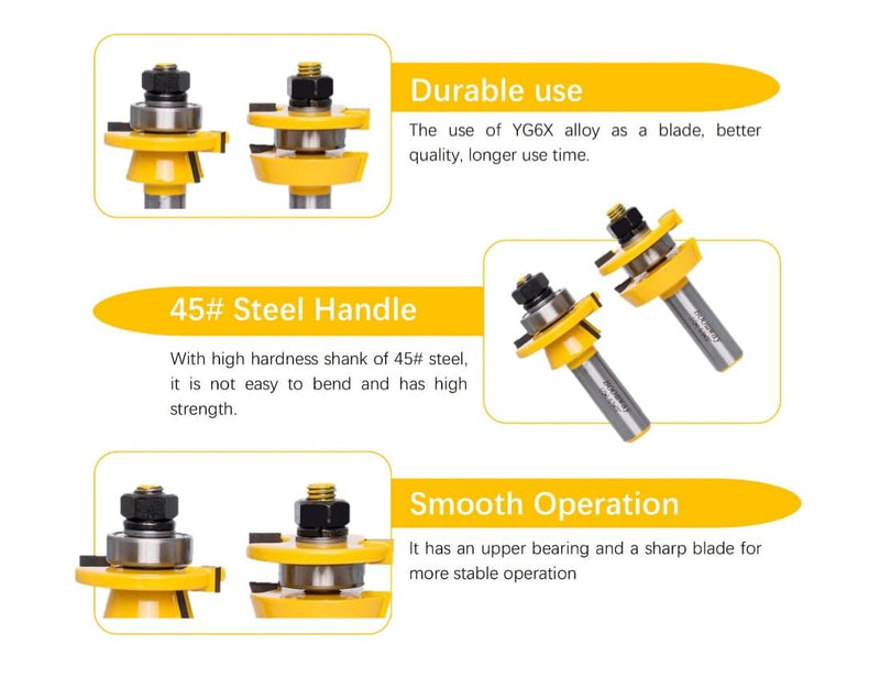 Shaker Style Rail and Stile Router Bits Set, for Cabinet Door, 1/2 Inch Shank, 3/8 Inch Cutting Depth, Up to 7/8 Inch Stock, Professional Carbide Milling Cutters for Woodworking