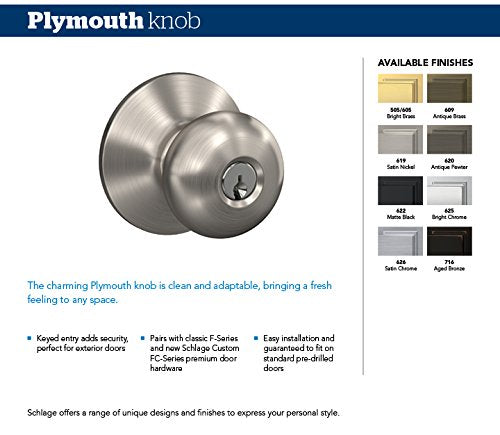 SCHLAGE F51A PLY 716 COL Plymouth Knob with Collins Trim Keyed Entry Lock, Aged Bronze