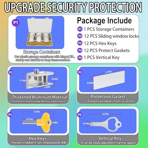 12 Set Sliding Window Locks with Key, Silver-Large, Double Lock, Aluminum, Easy to Install, Security and Safety for Residential and Commercial Buildings 12 Set