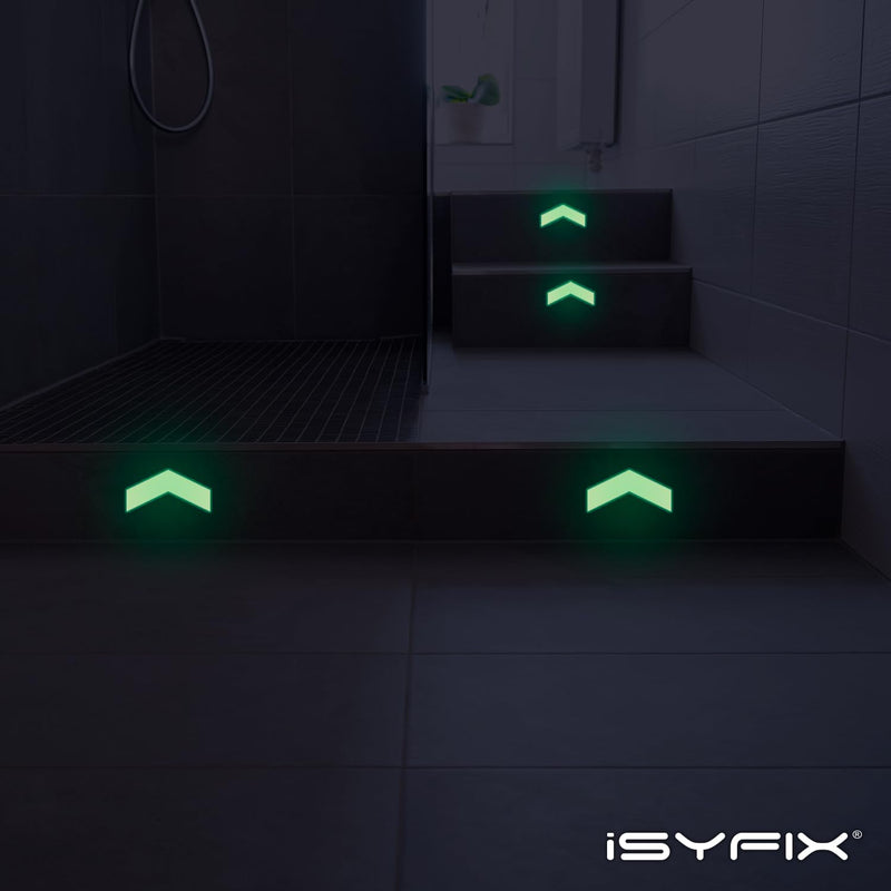 iSYFIX Glow in the Dark Arrow Stickers - 30 Pack, 4x2 Inch - Premium Self-Adhesive Photoluminescent Vinyl, Safety Sticker, Perfect to mark Stairs, Exits, Steps, Garages, Home, Office, Switches & Walls