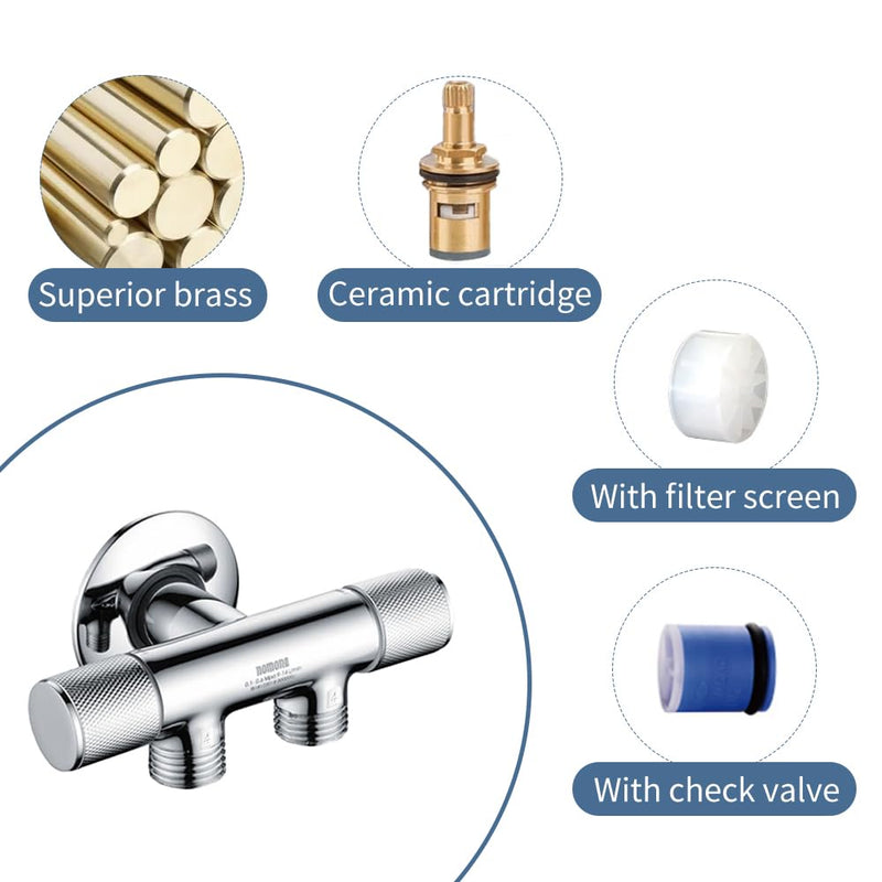Brass Chrome-Plated Water Angle Valve G1/2" Wall Connection×G1/2" Outlets Combination Valve with Backflow Preventer for Toilet, Basin, Kitchen