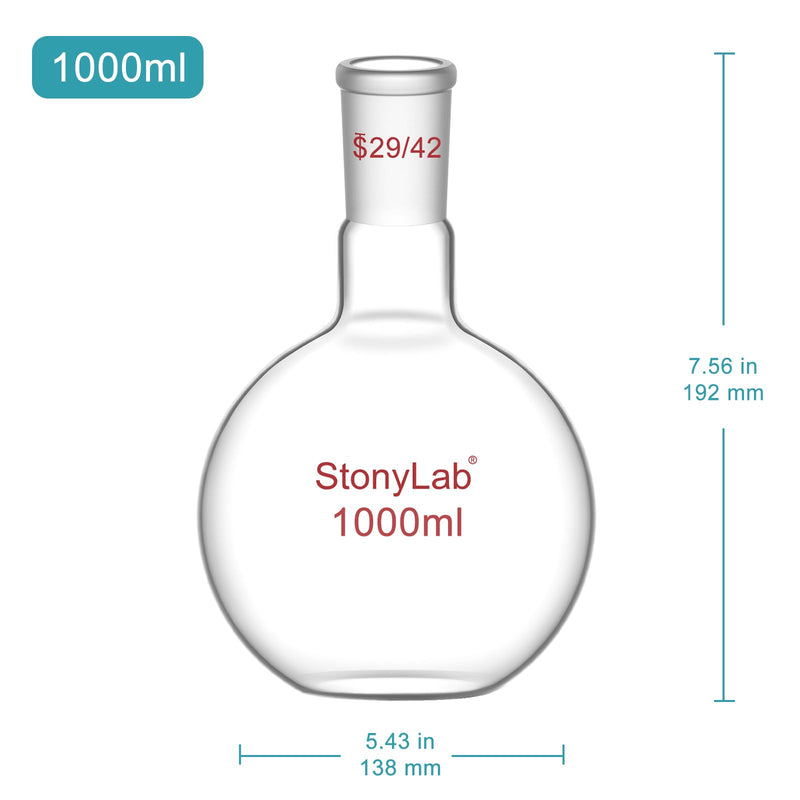 stonylab Heavy Wall Single Neck Borosilicate Glass Flat Bottom Boiling Flask, with 29/42 Standard Taper Outer Joint, 1000ml 1000 ml