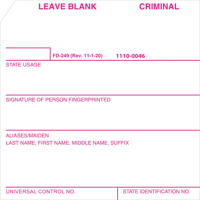 Crime Scene FD-249 Criminal Booking Card for arrests and incarcerations, Pack of 100