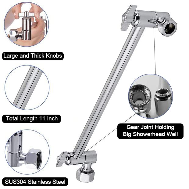 Adjustable Shower Arm Universal Connection, NearMoon Solid Brass Shower Extension Arm, Adjust Angle to Upgrade Shower Experience, Easy to Install, Anti-leak (Chrome Finish) Chrome Finish
