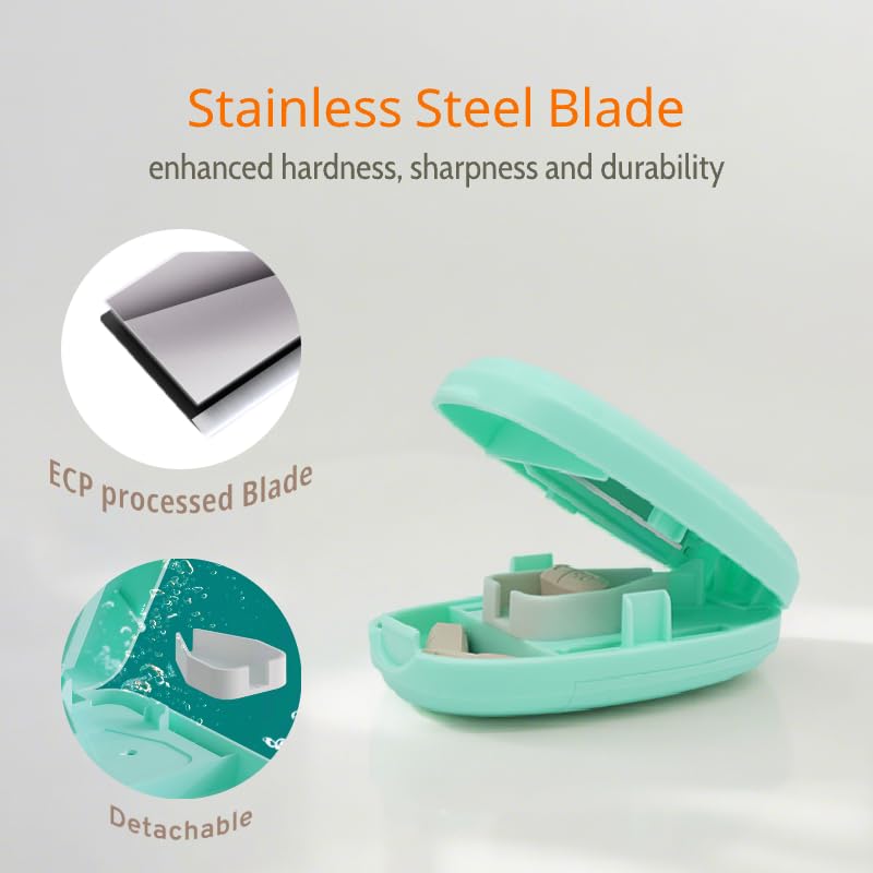 Safety Pill Splitter with Blade Shield, Travel Pill Cutter with V-Shaped Silicone Rubber Holder, Portable Medicine Slicer with Storage Compartment (Green) Green