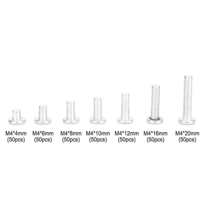 Solid Rivet Kit M4 Flat Head, 350Pcs Aluminum Rivets Assortment Kit, Multiple Aluminum Rivets Length 4/6/8/10/12/16/20mm, Solid Rivets Assortment Kit with Plastic Box