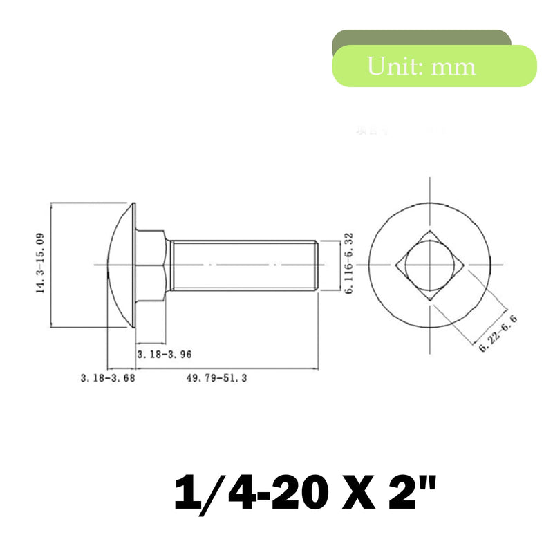 1/4-20 X 2 Carriage Bolts Screws, Stainless Steel 18-8 (304) Round Head Square Neck Carriage Bolts, Fully Threaded, Pack of 10 1/4-20 X 2"