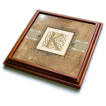 3dRose K Initial Vintage Elegant Vines and Flowers in Sepia and Pewter Look Trivet with Ceramic Tile, 8 by 8", Brown