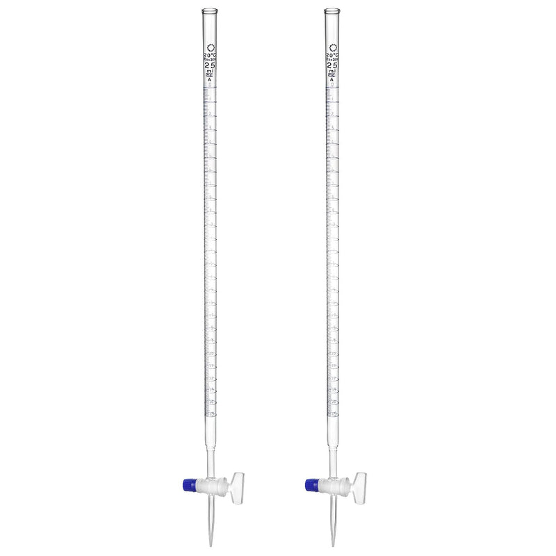 QWORK 25mL Class A Borosilicate Burette with Glass Key Stopcock - Laboratory Grade, 2 Pack Precision Graduated, 22.5 Inches Tall for Lab, Home, Beer, and Wine Making