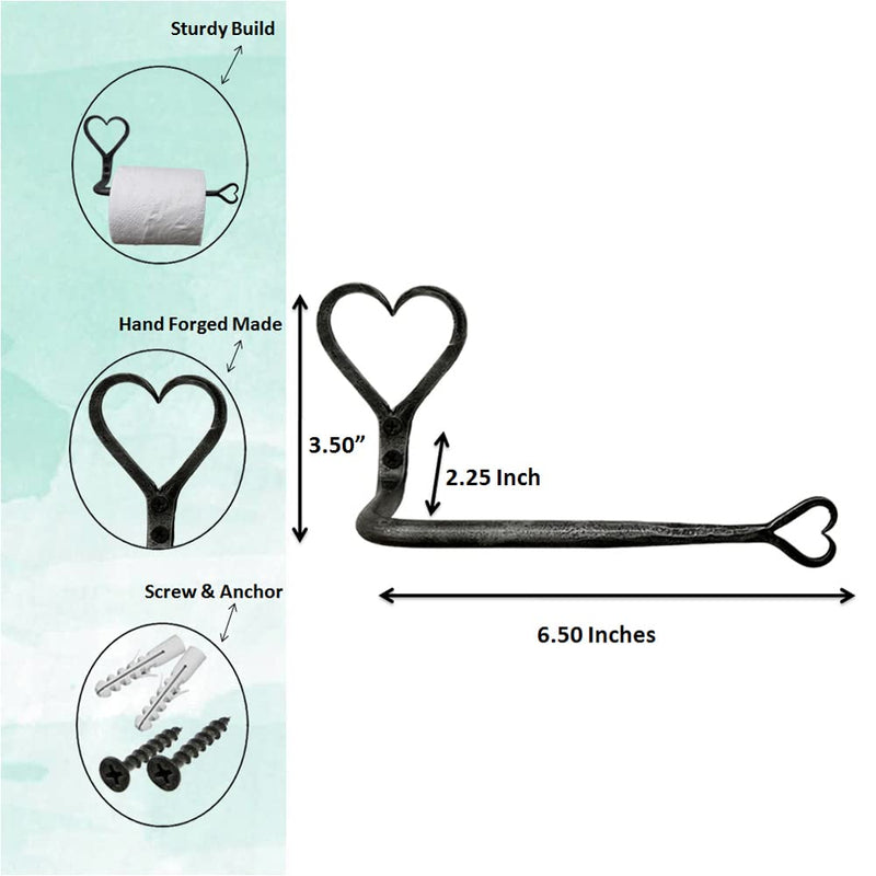 Living Ideas Hand Forged Metal Heart Shape Wrought Iron Wall Mounted Toilet Paper Holder - Blacksmith Handmade, Classic Look, Antique Finish
