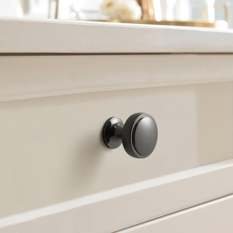 YAGU 10 Pack Polished Black Kitchen Cabinet Knobs 1.1 Inch Round Solid Dresser Drawer Knob Dark Grey Modern Hardware Bright Gunmetal Pulls for Closet Cupboard Wardrobe