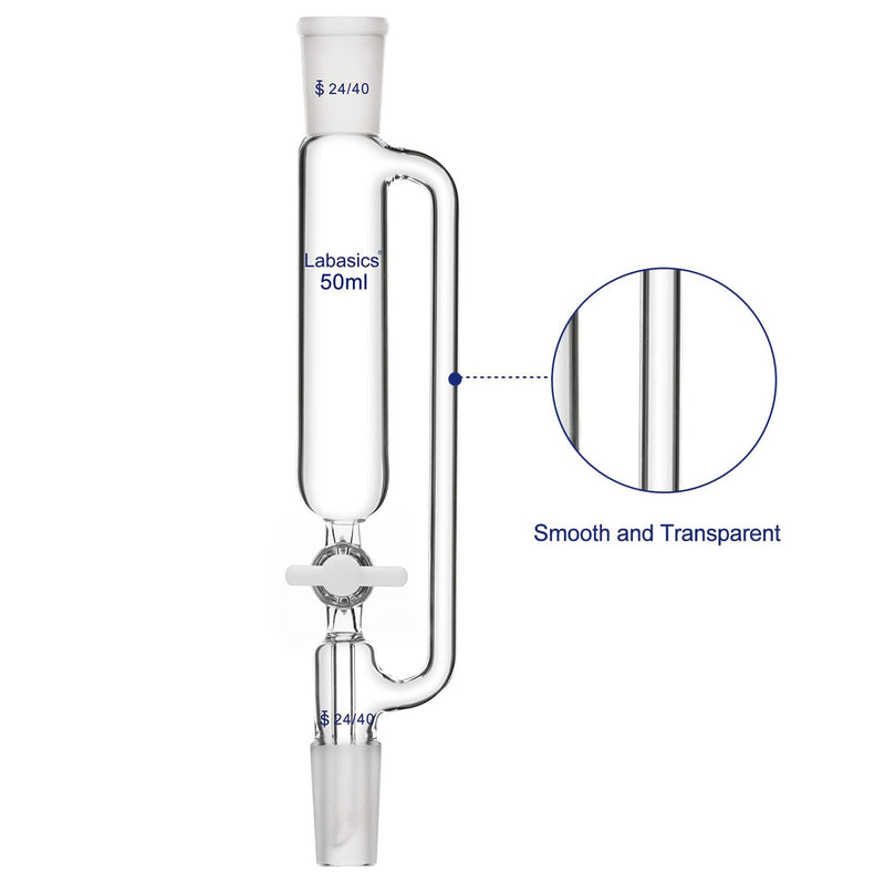 Labasics 50 ml Pressure Equalizing Addition Funnel, Borosilicate Glass Dropping Funnel 24/40 Joint with PTFE Stopcock for Laboratory