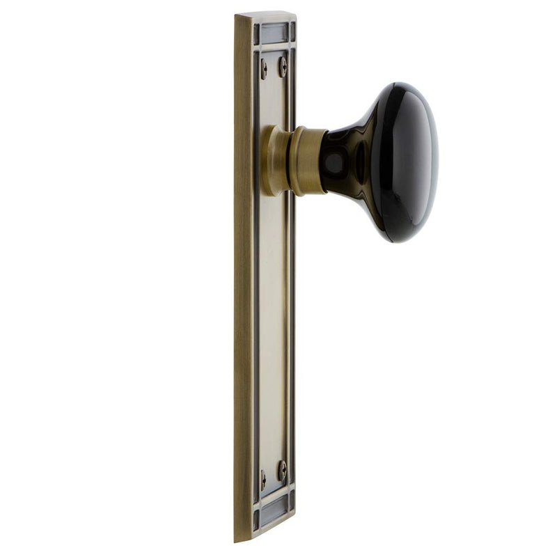 Nostalgic Warehouse Mission Plate with Black Porcelain Knob, Single Dummy, Antique Brass