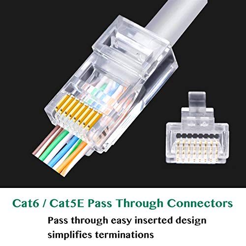 RJ45 CAT6 Pass Through Connectors 100 Pack - Easy and Fast Termination - Gold Plated 3 Prong 8P8C Modular Ethernet UTP Network Cable Plug End for Cat6 Cat5e
