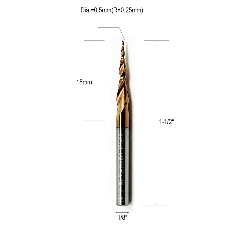 5Pcs Tapered Ball Nose End Mill Set - 1/8" Shank, 0.25mm Radius (0.5mm Tip Diameter), 5.09° Per Side Angle - Premium CNC Router Bits for Precision 3D Woodworking and Detail Carving, R=0.25mm