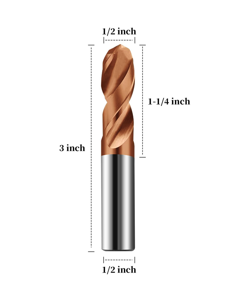 1/2" Carbide Ball Nose End Mills, TISIN Coated, 2 Flute, End Mill Bits for Alloy Steels and Hardened Steels, 1/2" Cutting Diameter 1/2 in