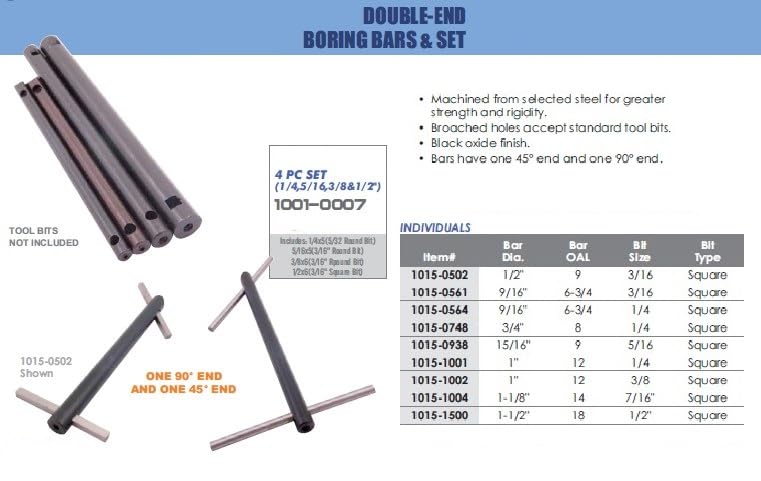 HHIP 1015-0502 Double End Boring Bar, 1/2" Bar Diameter x 9" Overall Length x 3/16" Bit Size