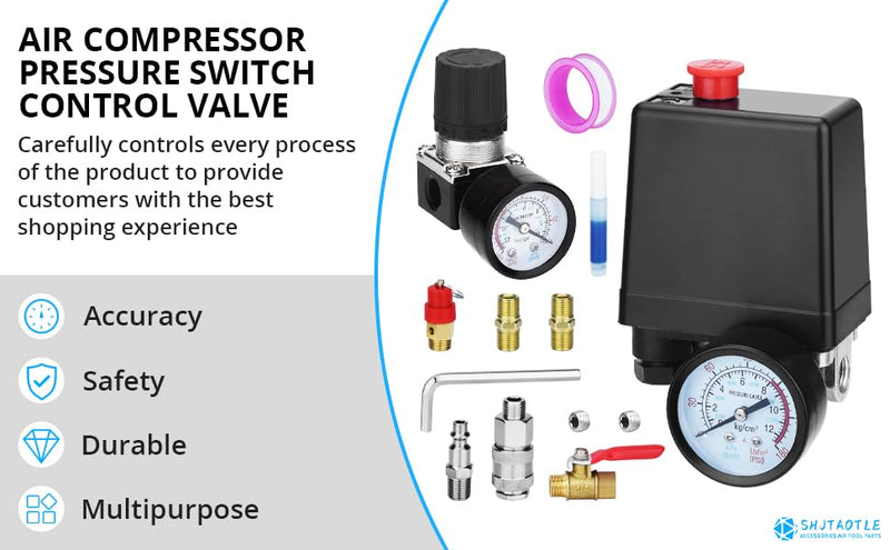 Universal Air Compressor Pressure Switch Control Valve (90-120 PSI, 110V-240V) with 0-180 PSI Regulator and Safety Pressure Relief Valve - 4 Way Replacement Part (110V-240V-B9) 110V-240V-B9