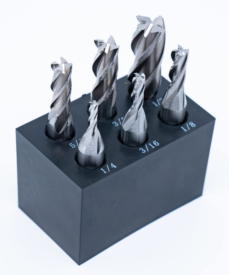 Single End 4 Flute Center Cutting End Mill 6PCS Set 1/8",3/16",1/4",5/16",3/8",1/2" with 3/8" Shank with Plastic Stand