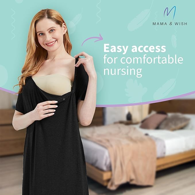 Mama & Wish Labor and Delivery Gown 3 in 1 Labor, Delivery and Nursing Gown for Hospital Made with Ultra-Soft Fabric for Ultimate Comfort! Black (Medium)