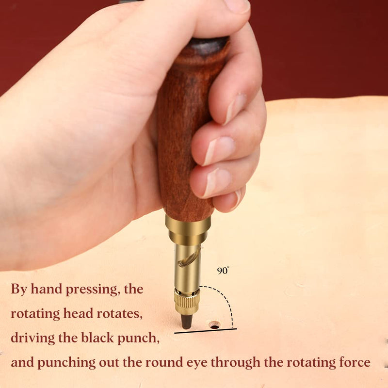 Adjustable Leather Hole Punching Tool Automatic Puncher with Wooden Handle Hollow Hole Punch with 6 Tips Size (1.5mm/2mm/2.5mm/3mm/3.5mm/4mm) for Leather Belt, Bag, Wristband Red brown