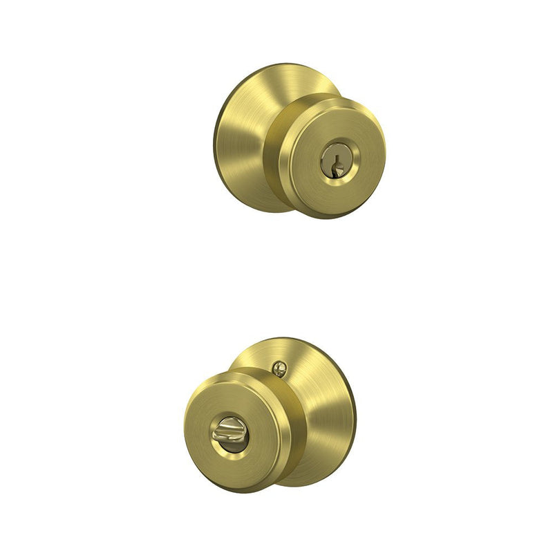 SCHLAGE F51A BWE 608 PLY Bowery Knob with Plymouth Trim Keyed Entry Lock, Satin Brass