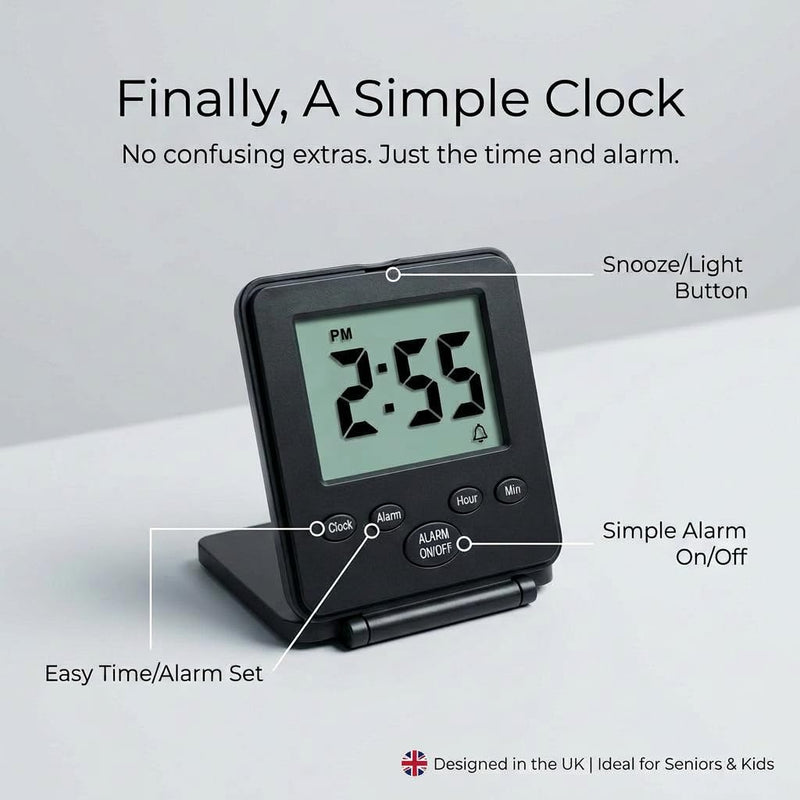 Digital Travel Alarm Clock - No Bells, No Whistles, Simple Basic Operation, Loud Alarm, Snooze, Small and Light, ON/Off Switch, 2 AAA Battery Powered, Black