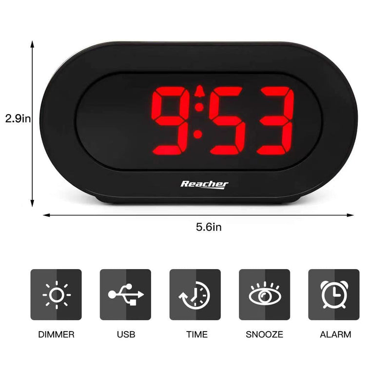 REACHER Small LED Digital Alarm Clock with Simple Operation, Full Range Brightness Dimmer, USB Phone Charger Port, Easy Snooze, Adjustable Alarm Volume, Outlet Powered for Bedrooms Bedside(Black) Black+red Digit