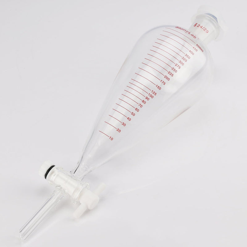 stonylab Graduated Separatory Funnel, Heavy Wall Pear-Shaped Conical Borosilicate Glass Separating Funnel with PTFE Stopcock and Plastic Top Stopper, 500 ml 500.0 milliliters 1 KD-Sep-Funnel-SL-PTFE-500ml