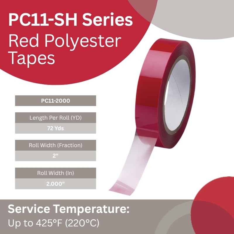 Caplugs PC11-2000 PC11-SH Series, Polyester Masking Tape, Red, 72 Yds Roll Length, 2" Roll Width, Powder Coating, E-Coating, Anodizing, Masking, Protection and Finishing, Temp Resistant (SH-47362)