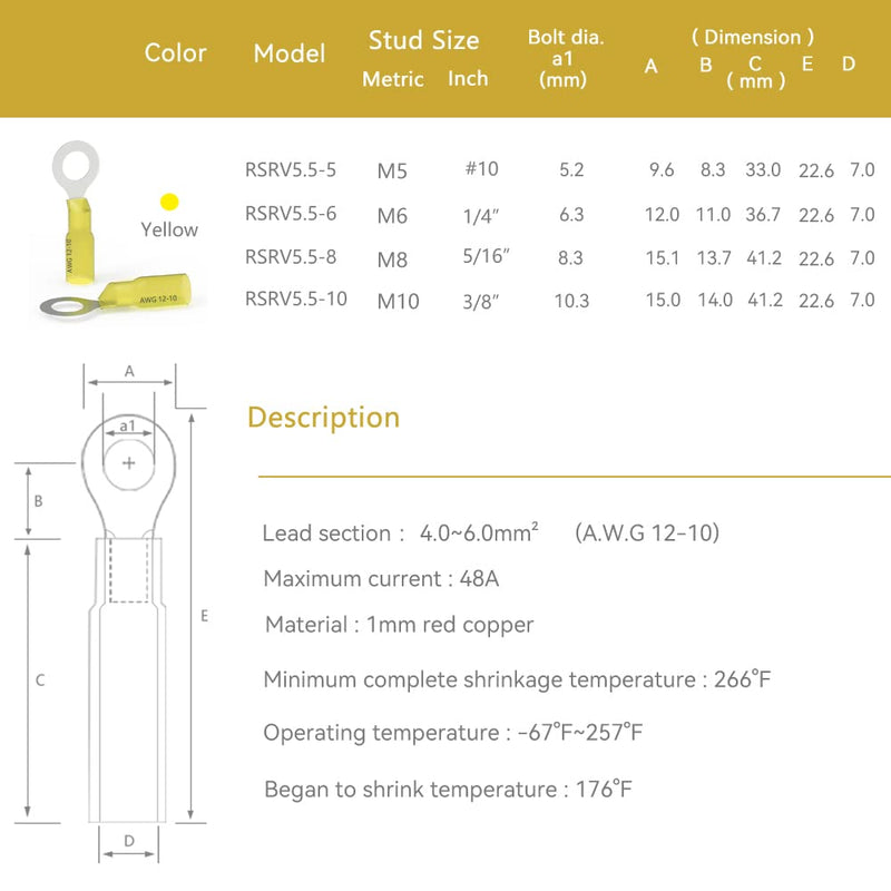 HKS 100PCS Heat Shrink Ring Terminals -Yellow 12-10 AWG - Tinned Red Copper 1.0mm 4 Sizes #10,1/4",5/16",3/8" - Marine Electrical Wire Connector Kit - Waterproof and Insulated Crimp Terminals Set Yellow Ring Terminal