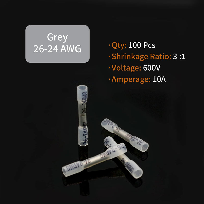 26-24 AWG Heat Shrink Butt Connectors - 100Pcs White Insulated Waterproof Electrical Marine Automotive Wire Splice Connector Crimp Wiring Terminals AWG 26-24