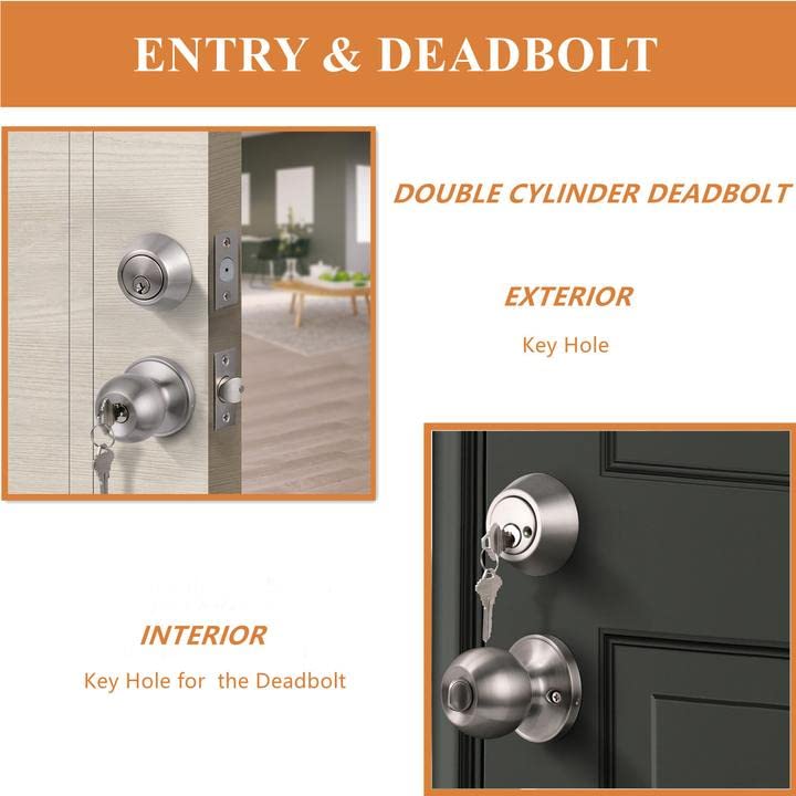 Probrico Satin Nickel Entry Door Knob and Double Cylinder Deadbolt Combo Pack, Keyed on Both Sides, Front Door and Exterior Gate Lockset Hardware 1 Pack Brushed Nickel