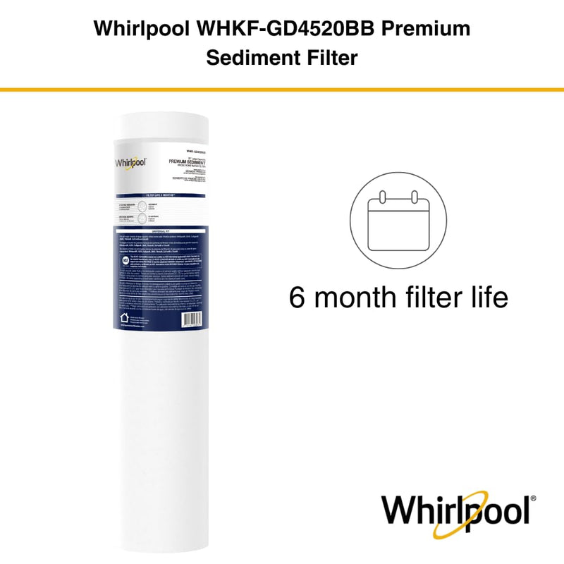 Whirlpool 20" x 4.5" Large Whole House Sediment Filter WHKF-GD4520BB, NSF Certified 25 Micron Filtration, 6-Month Life, Replacement Cartridge Fits Most 20-Inch Home Water Filter Housings