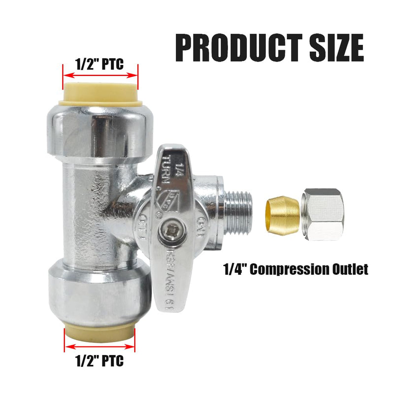 Service Tee Stop Valve, 1/2 Inch x 1/2 Inch x 1/4 Inch, 1/4 Turn, Compression Service Stop Fitting, Water Valve Shut Off, Push-to-Connect, PEX, Copper, CPVC, PE-RT