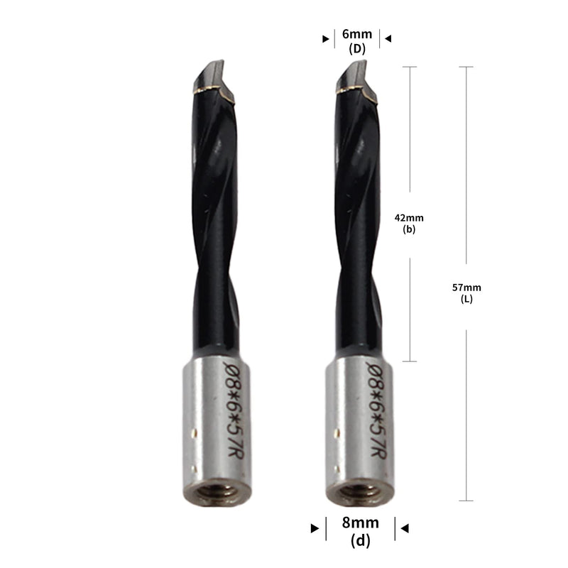 Dual-Spindle Wood Doweling Jointer Drilling Bits,2pcs 6mm Dia x 57mm L x 8mm S Carbide Tipped R/H Rotation 2X6mm Drilling Bits
