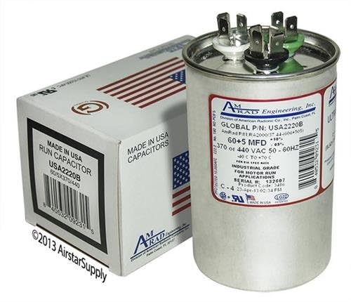 GE 97F9816-60 + 5 uf MFD 370/440 Volt VAC AmRad Round Dual Run Capacitor, Made in the U.S.A.