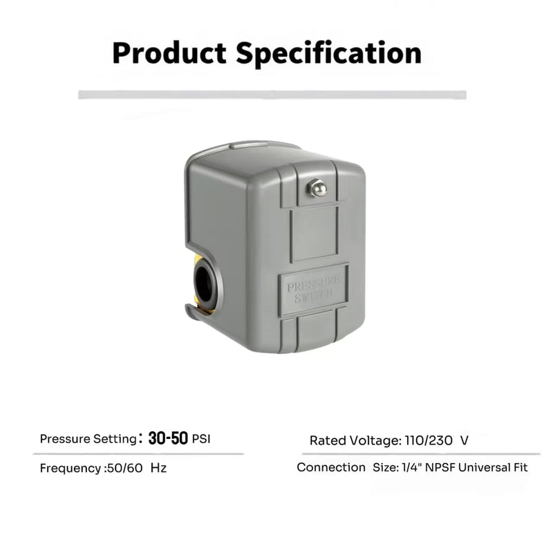 Well Pump Pressure Switch, 30-50 PSI 2 Pack | 1/4" NPT Thread, Dry-Run Protection Adjustable Water Pump Switch for Residential Well, Irrigation & RV Water Systems 30-50PSI